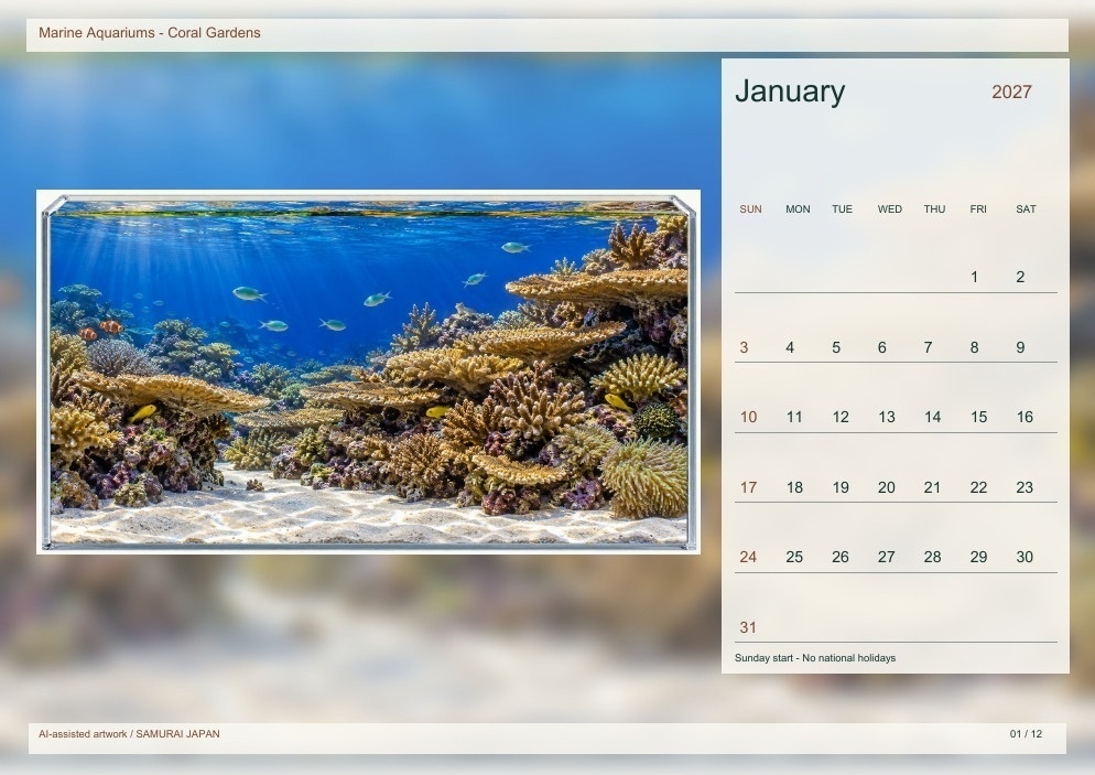 Marine Aquariums - Coral Gardens 2027 Printable A4 Landscape PDF Calendar