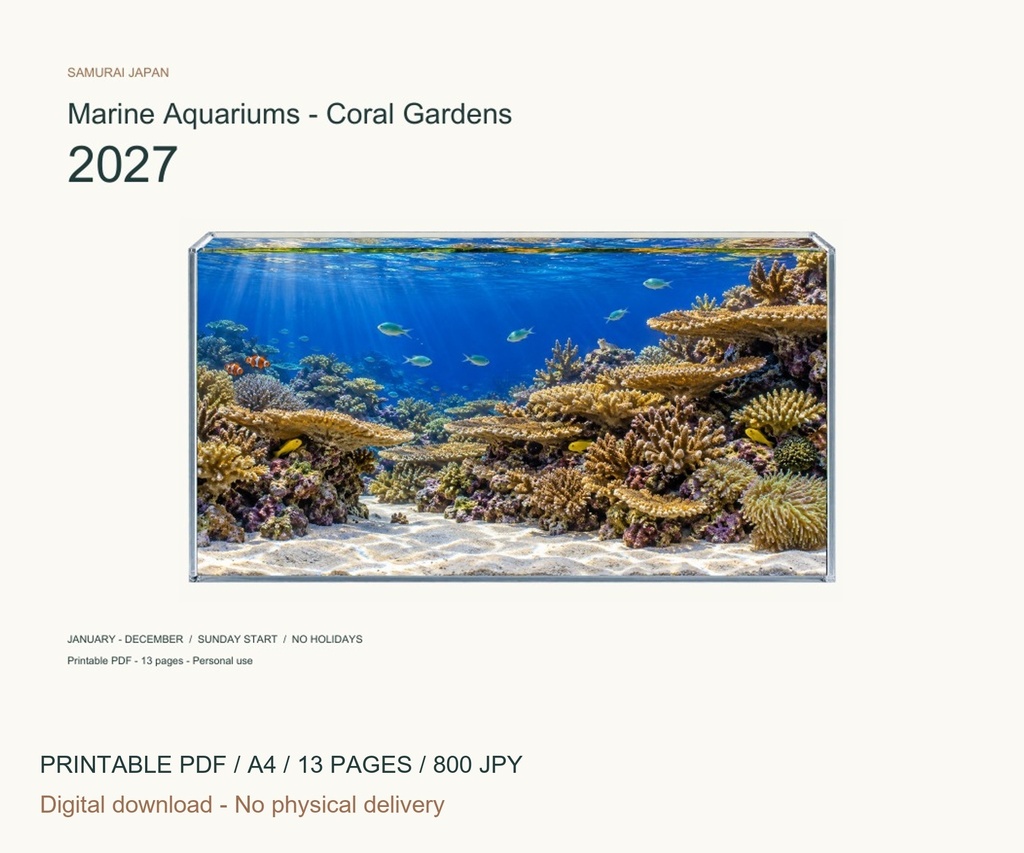 Marine Aquariums - Coral Gardens 2027 Printable A4 Landscape PDF Calendar