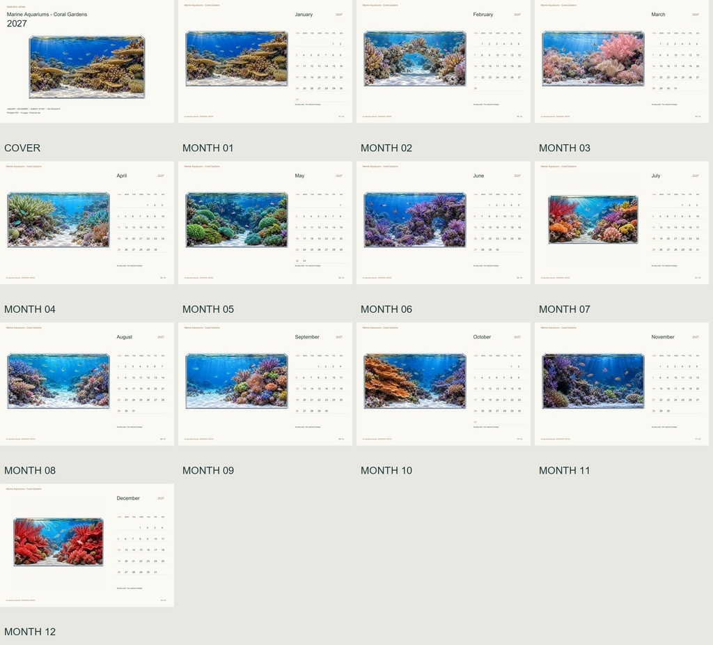 Marine Aquariums - Coral Gardens 2027 Printable A4 Landscape PDF Calendar
