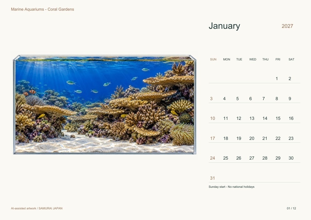 Marine Aquariums - Coral Gardens 2027 Printable A4 Landscape PDF Calendar