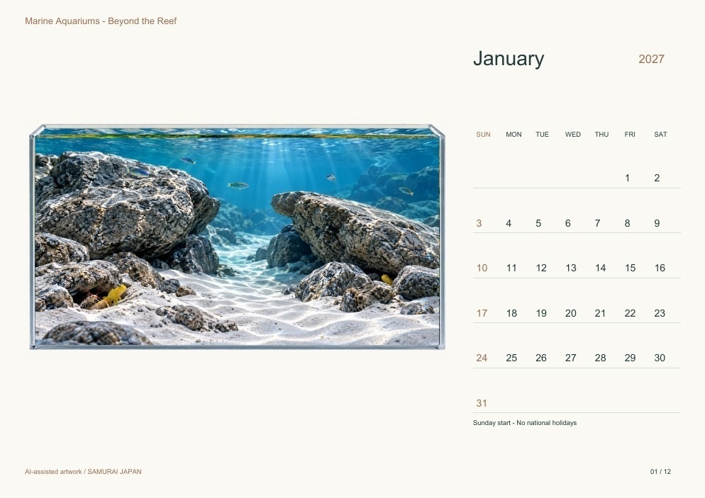 Marine Aquariums - Beyond the Reef 2027 Printable A4 Landscape PDF Calendar