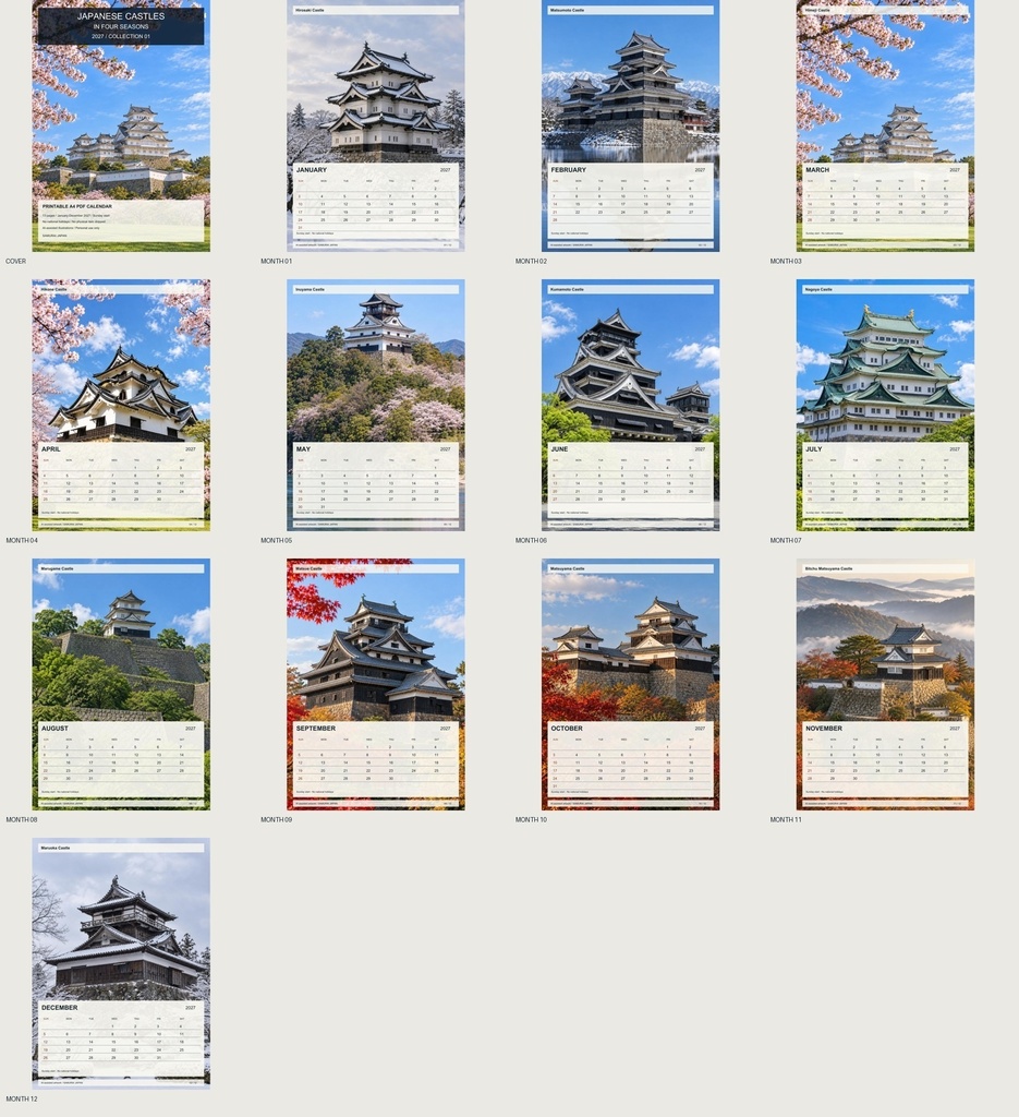 Japanese Castles in Four Seasons 2027 - Collection 01 | Printable A4 PDF