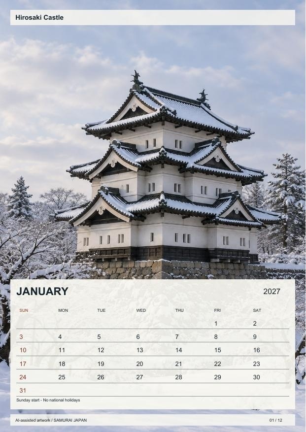 Japanese Castles in Four Seasons 2027 - Collection 01 | Printable A4 PDF