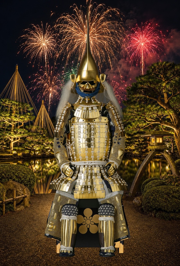 Maeda Toshiie Armor - Garden Fireworks | 8K Printable PNG