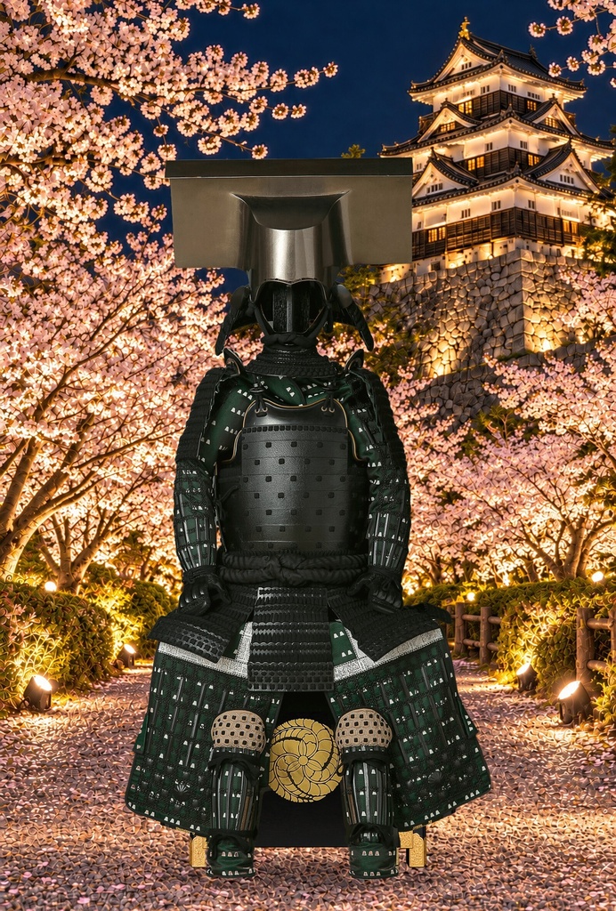Kuroda Nagamasa Armor - Cherry Blossom Castle at Night | 8K Printable PNG