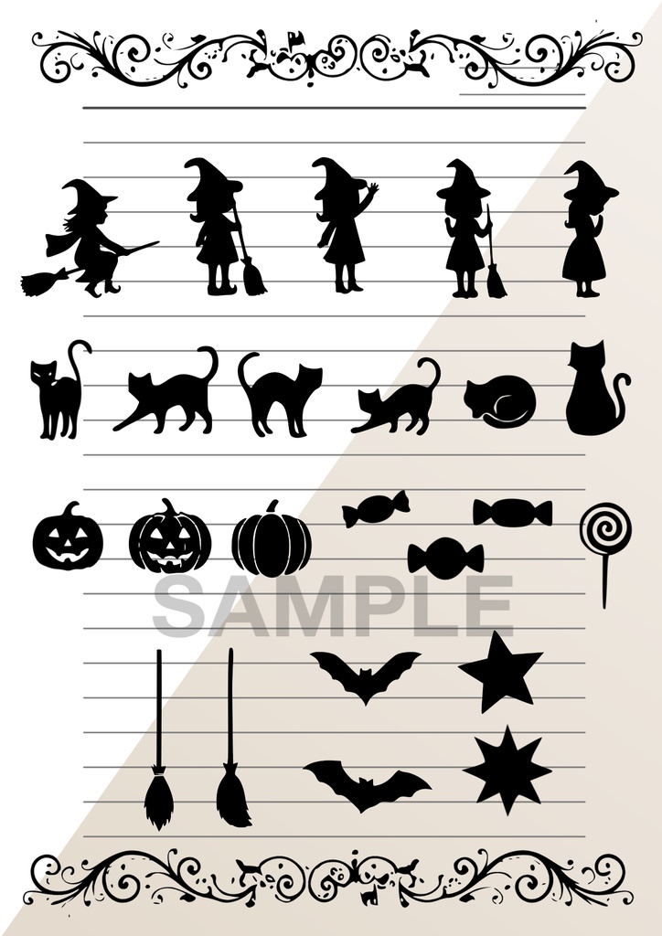 【背景透過】ハロウィンシルエット素材セット(フレーム・猫・魔女)【全33種】