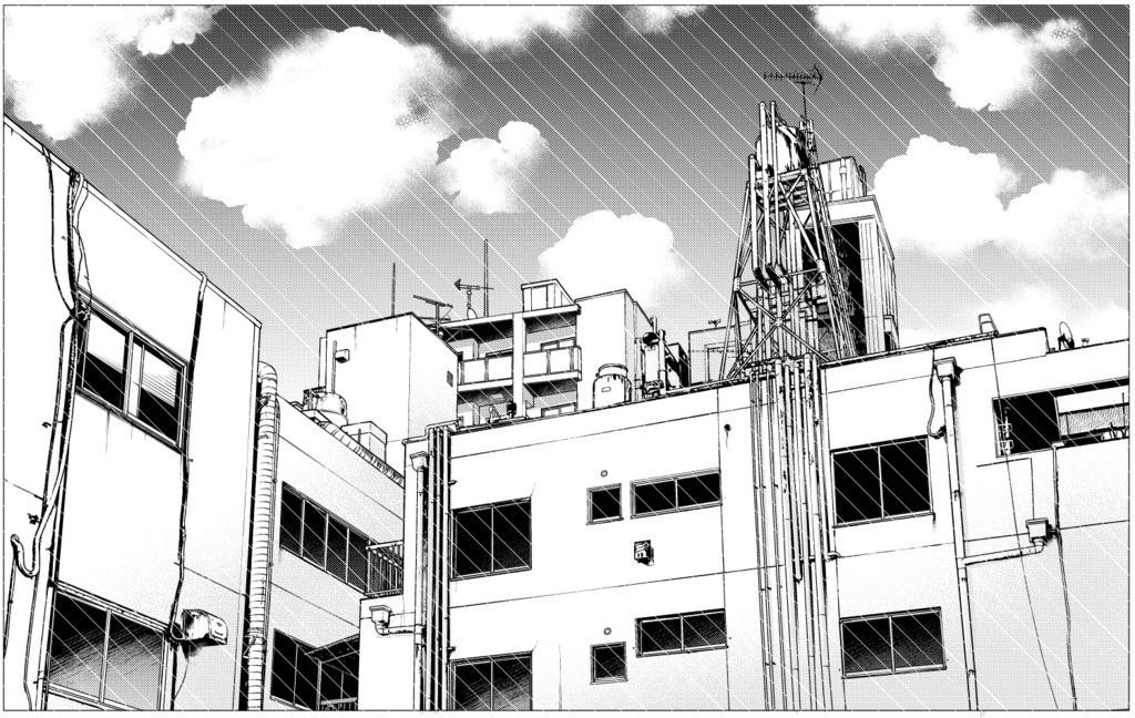 【背景素材】ビルの上の方1（昼トーン済）