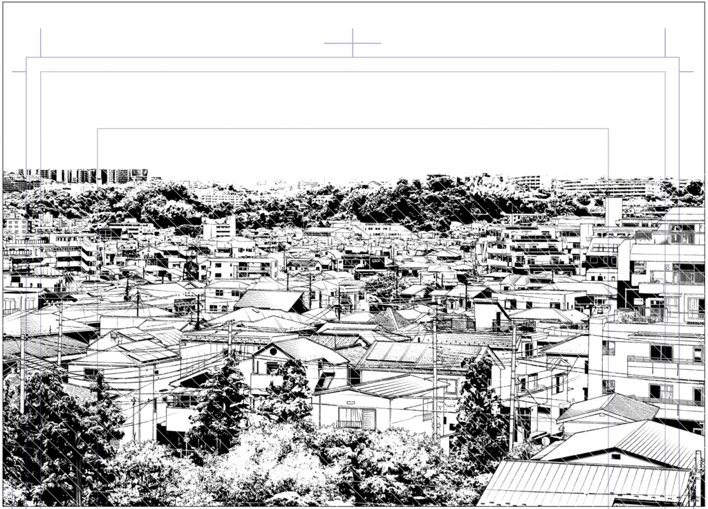 【背景素材】住宅街遠景1(昼トーン済)