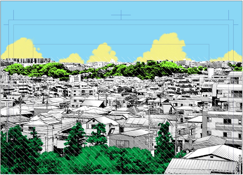 【背景素材】住宅街遠景1(昼トーン済)