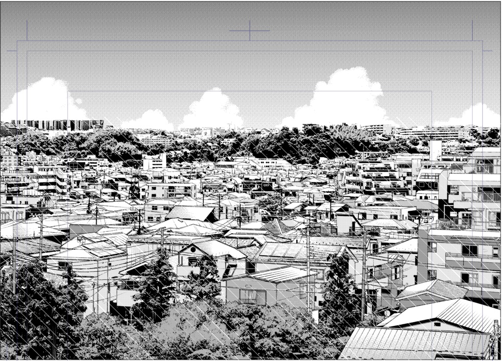 【背景素材】住宅街遠景1（昼トーン済）