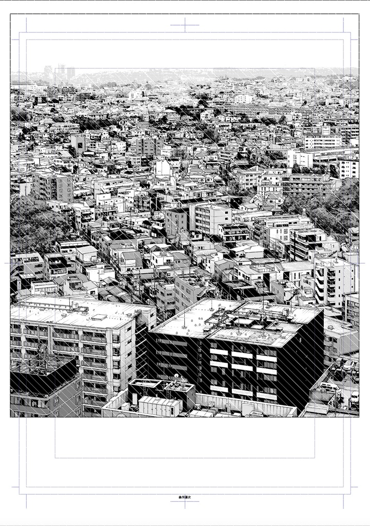 【背景素材】住宅街遠景2(昼トーン済)