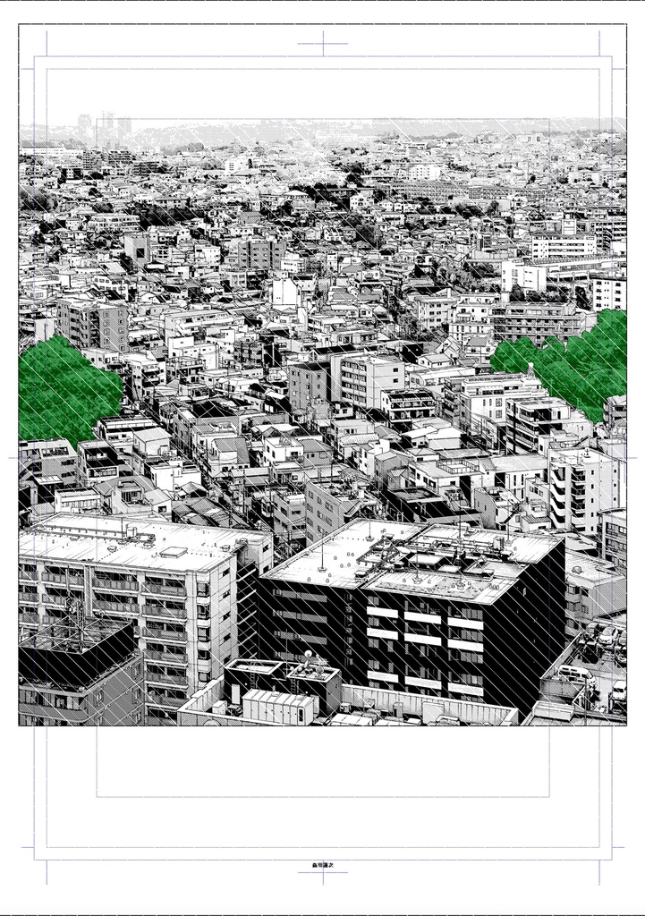 【背景素材】住宅街遠景2(昼トーン済)