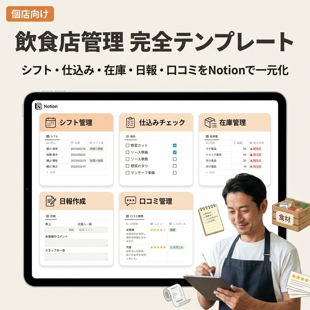 飲食店まるごと運営テンプレ for Notion｜シフト・仕込み・在庫・日報・口コミ