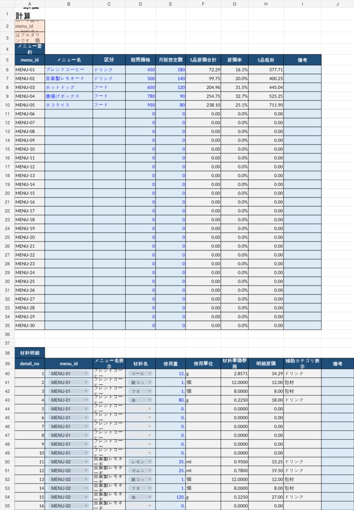 飲食店・キッチンカー向け 原価計算シート