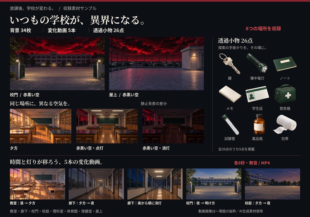 学校シーン変化セット|放課後・夜・異変・戦闘背景【TRPG素材73点】