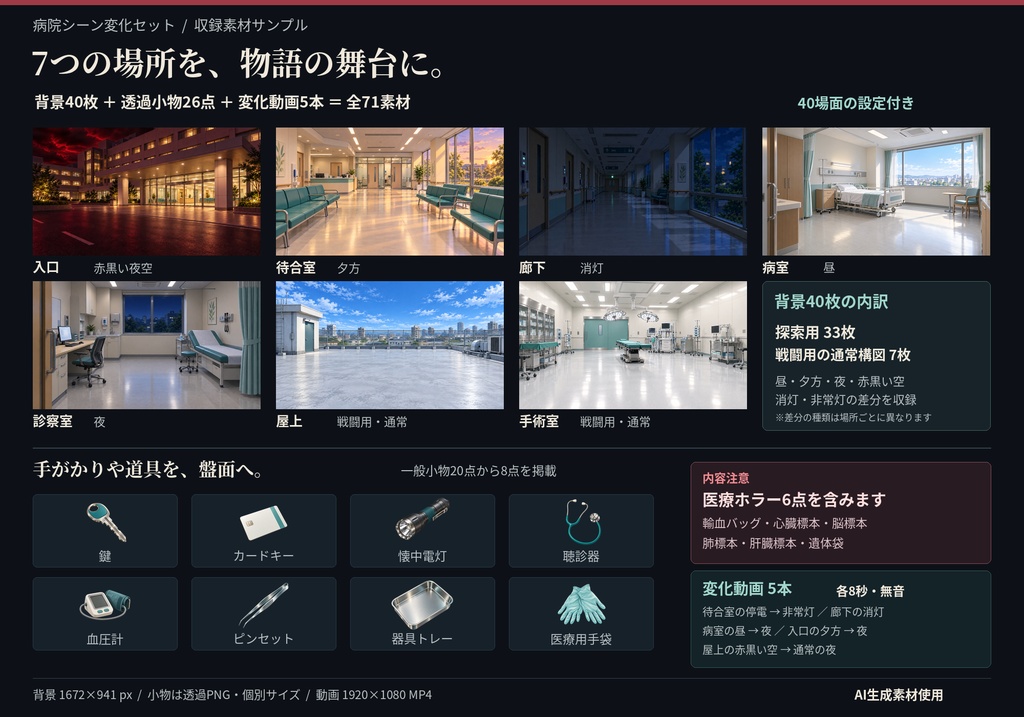 【TRPG素材】病院シーン変化セット|背景40枚・動画5本・透過小物26点【現代・ホラー】