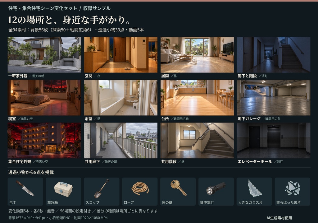 住宅・集合住宅シーン変化セット|いつもの家が不穏に変わる【94素材】