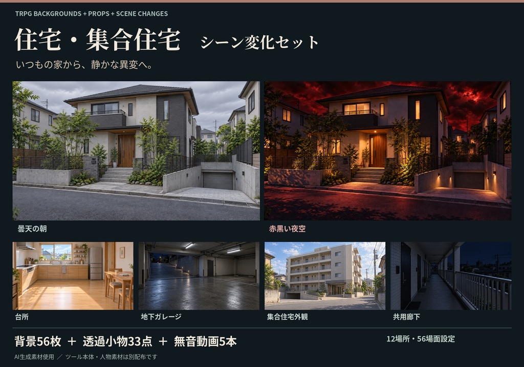 住宅・集合住宅シーン変化セット|いつもの家が不穏に変わる【94素材】