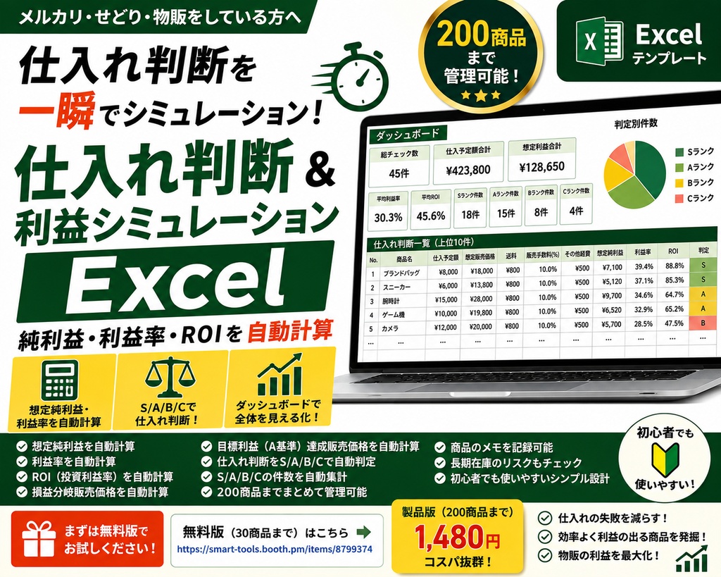物販・せどり 仕入れ判断＆利益シミュレーションExcel｜純利益・利益率・ROIを自動計算【200商品対応】