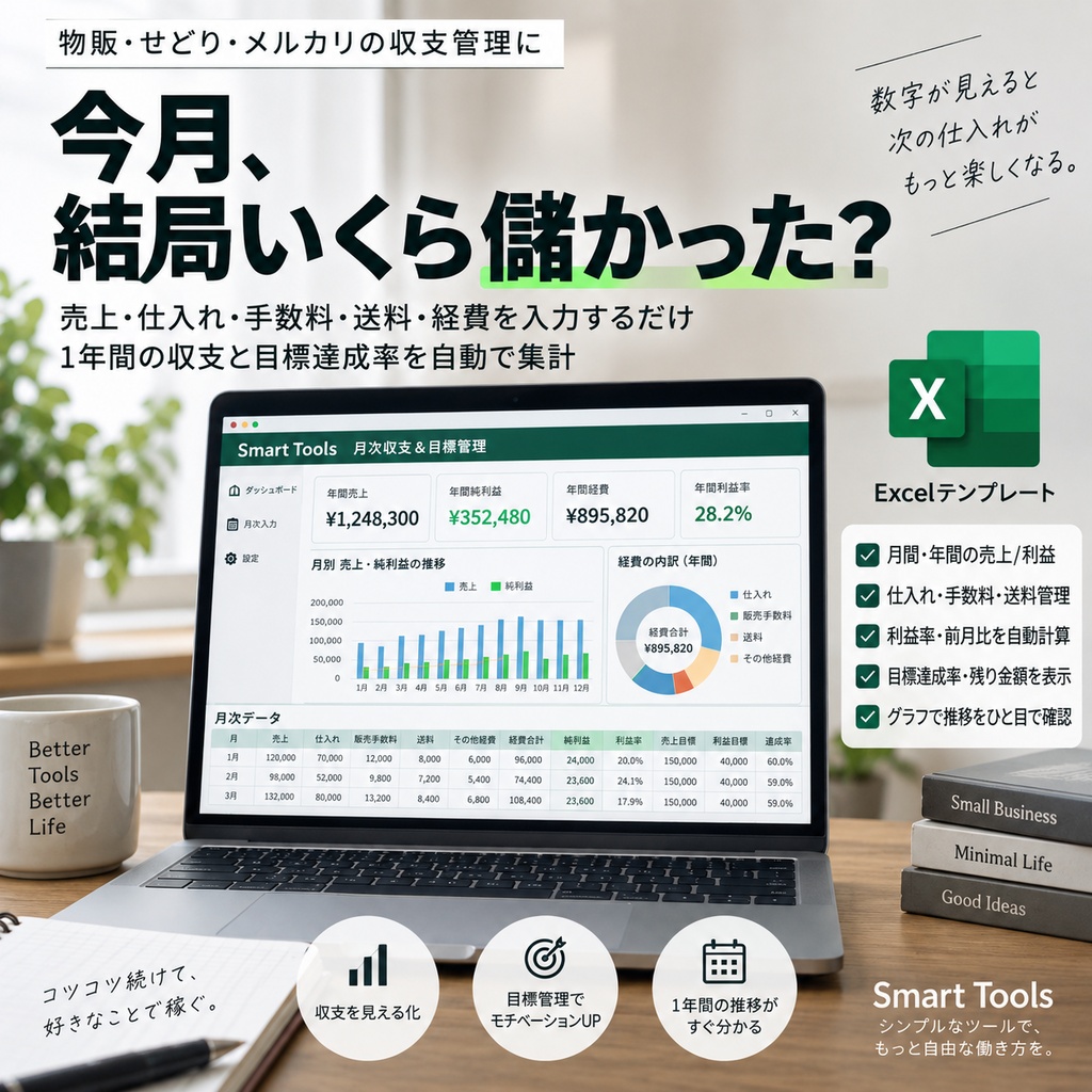 物販・せどり 月次収支＆目標管理Excel｜売上・利益・経費・目標達成率を自動集計