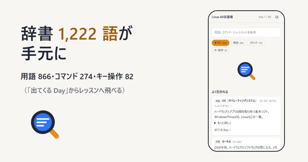 Linux 60日道場【完全版】― 1日15分・読む→打つ→確かめるで、60日で現場に立てる(Day 1〜60・演習452問・検定2回・辞書1,222語・外部送信なし)