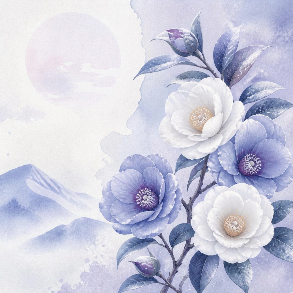 和風水彩イラスト「雪椿と冬景色」3色セット｜白椿・青椿・ピンク椿の幻想的な背景ペーパー