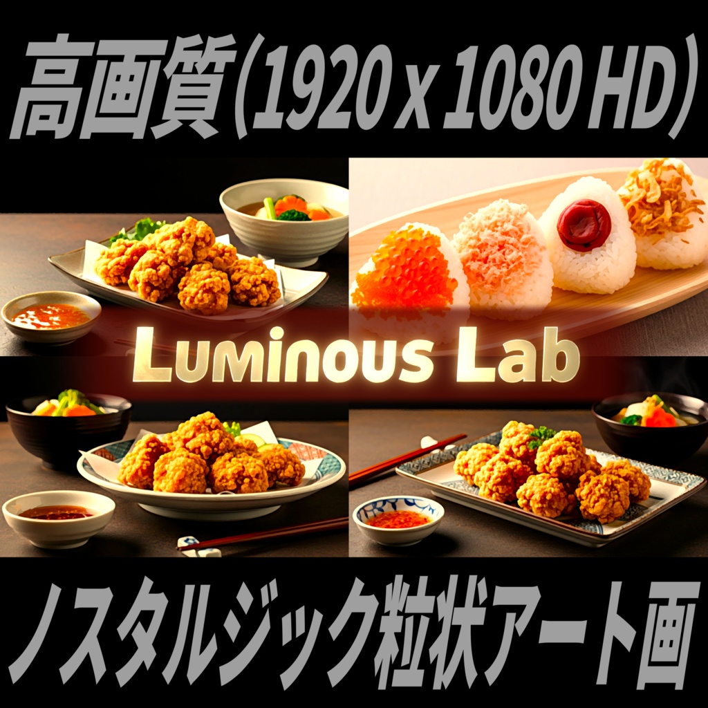 【唐揚げ＆おにぎり】ノスタルジック粒状アート画｜No0064｜背景画像・背景デザイン（PNG）