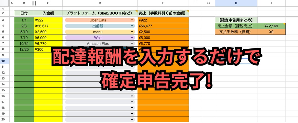 【無料/投げ銭】Uber Eats・出前館・配達員向け売上管理シート（ギグワーク対応）【自動集計】
