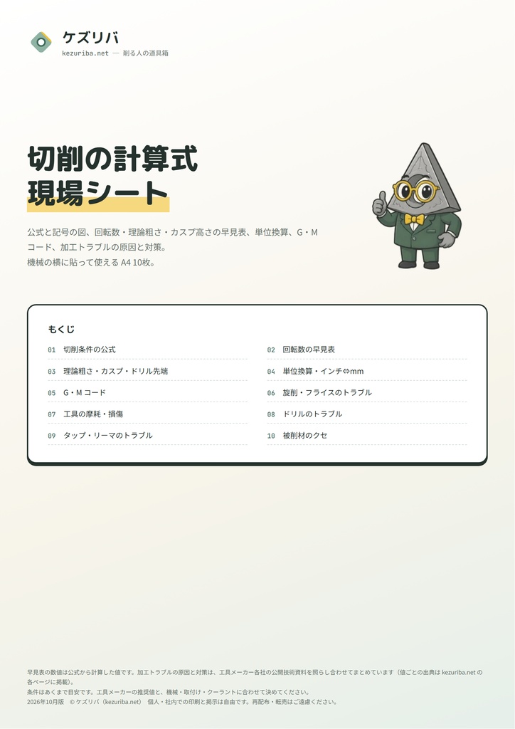 切削の計算式・現場シート｜回転数早見表・理論粗さ・G/M コード・加工トラブル A4 印刷用 PDF