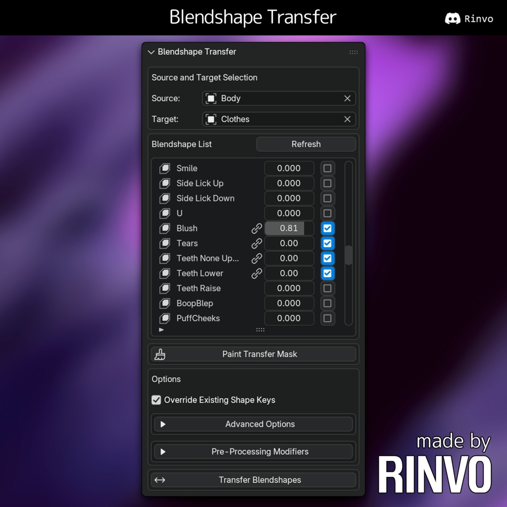 Rinvo's Blendshape Transfer (Blender Plugin)