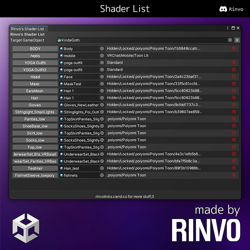 Rinvo's Shader List - Unity tool for Quest Avatar Creators