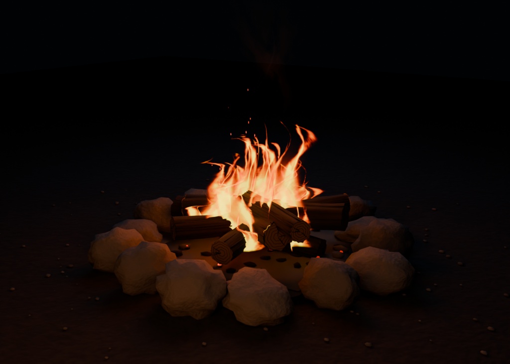 夜を照らす焚き火｜炎・火の粉のループ付き3D素材【Blender / GLB】