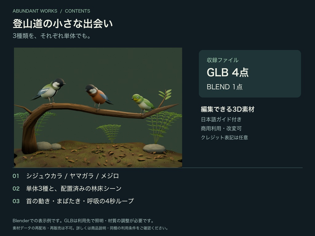 登山道の小さな出会い|野鳥3種・しぐさ付き3D素材【Blender / GLB】
