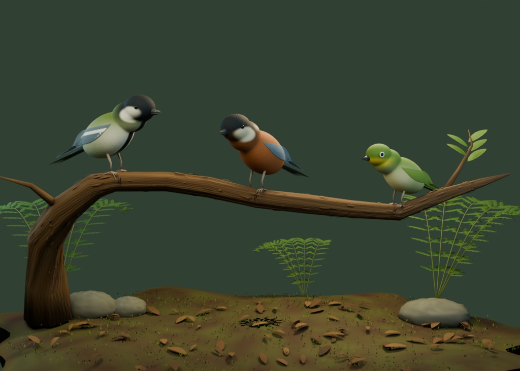 登山道の小さな出会い｜野鳥3種・しぐさ付き3D素材【Blender / GLB】