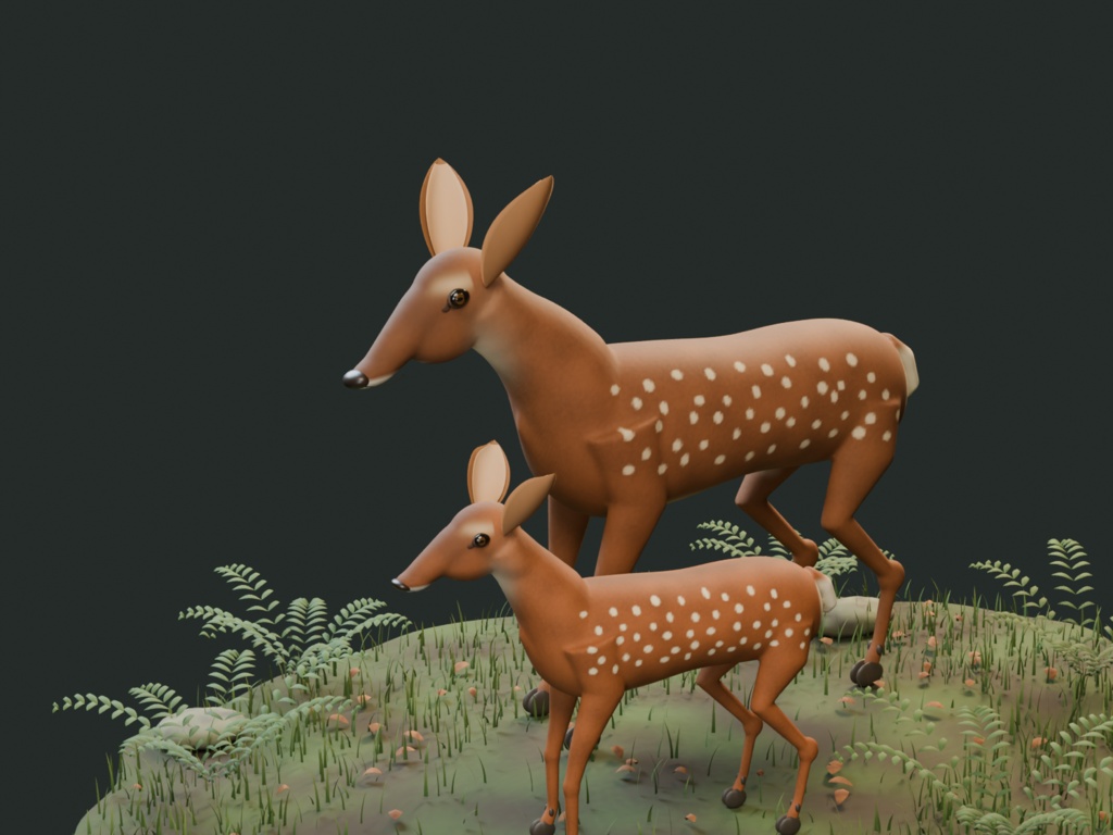 木漏れ日の親子|母ジカと子ジカ・しぐさ付き3D素材【Blender / GLB】
