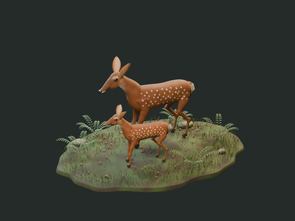 木漏れ日の親子|母ジカと子ジカ・しぐさ付き3D素材【Blender / GLB】