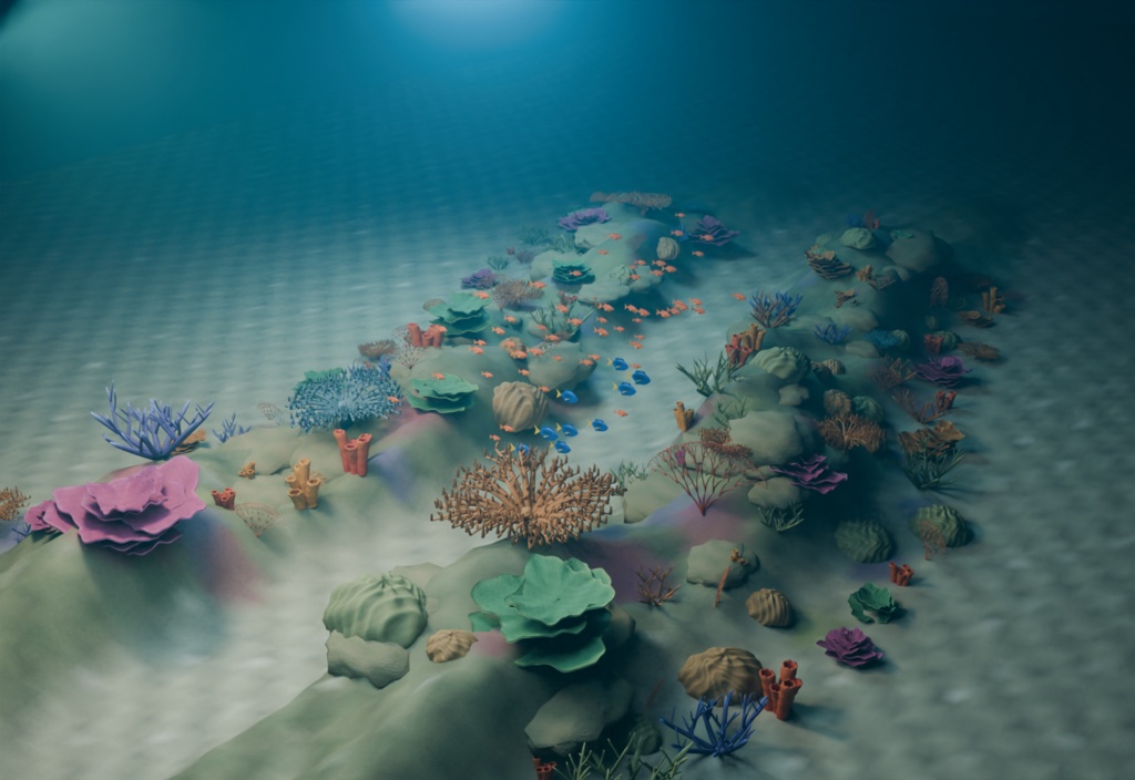 光の浅瀬|サンゴ礁と65匹の魚・水中3D素材【Blender / GLB】