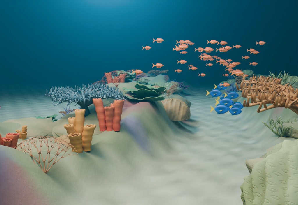 光の浅瀬|サンゴ礁と65匹の魚・水中3D素材【Blender / GLB】