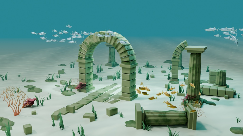 沈んだ回廊|海中遺跡と64匹の魚群【Blender / GLB・軽量版付き】