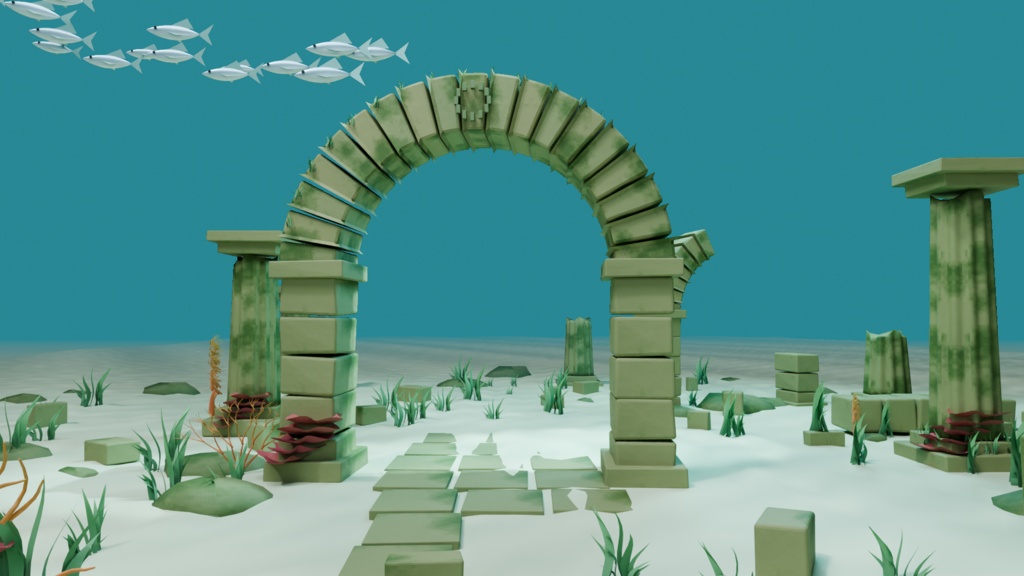 沈んだ回廊|海中遺跡と64匹の魚群【Blender / GLB・軽量版付き】