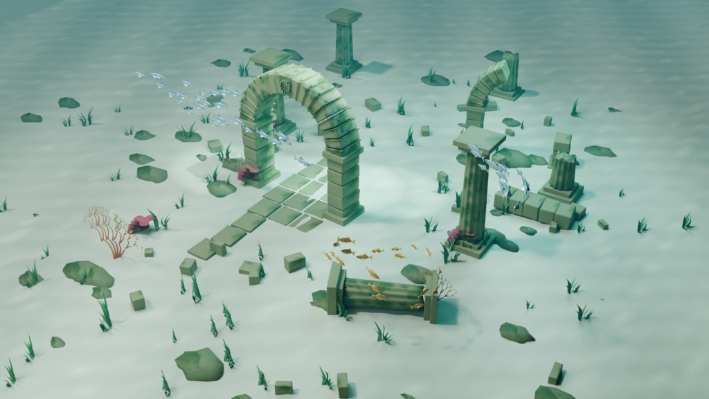 沈んだ回廊|海中遺跡と64匹の魚群【Blender / GLB・軽量版付き】