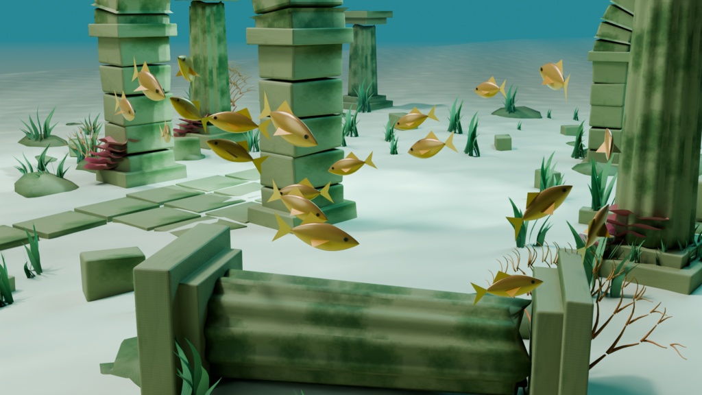 沈んだ回廊|海中遺跡と64匹の魚群【Blender / GLB・軽量版付き】