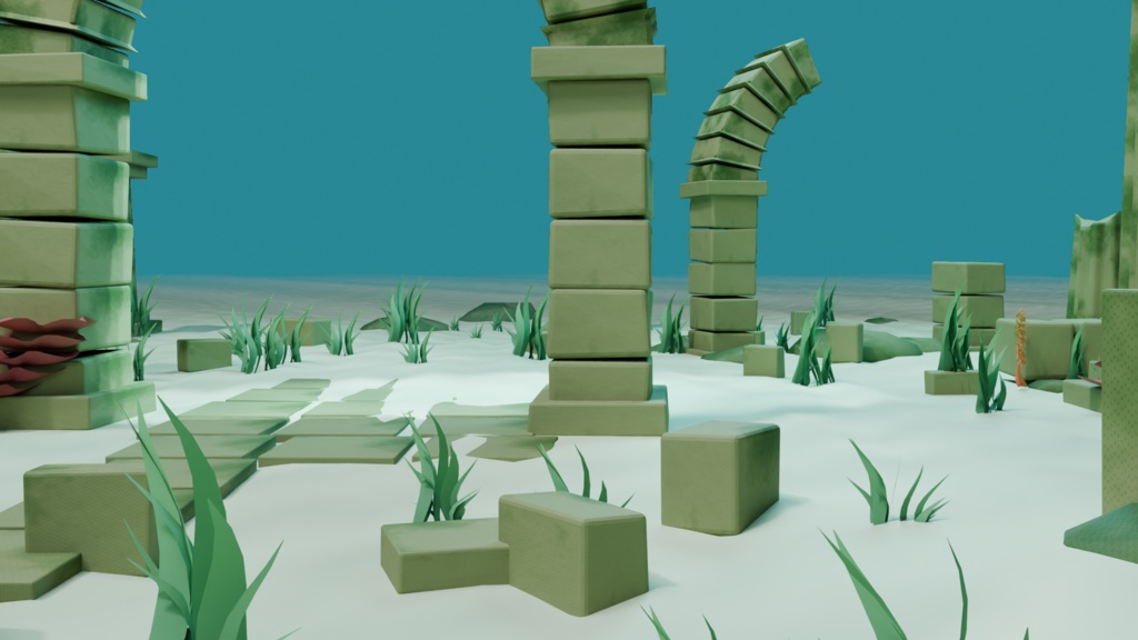 沈んだ回廊|海中遺跡と64匹の魚群【Blender / GLB・軽量版付き】