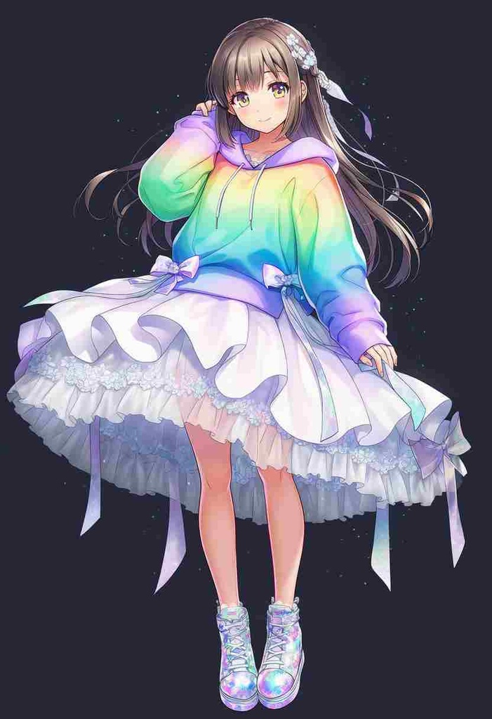 童話調、ファンタジー系 パンクアリス風 × モダン × 美少女アニメフェアリーテイル風パーカー × 虹色パステル × エレガントなチュールスカート