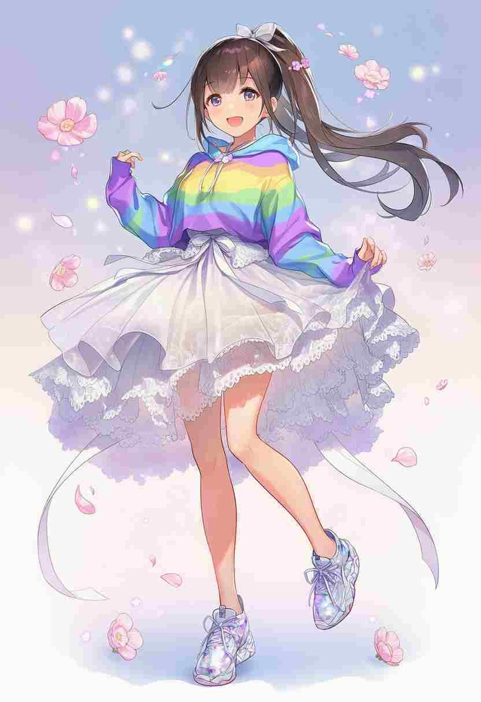 童話調、ファンタジー系 パンクアリス風 × モダン × 美少女アニメフェアリーテイル風パーカー × 虹色パステル × エレガントなチュールスカート