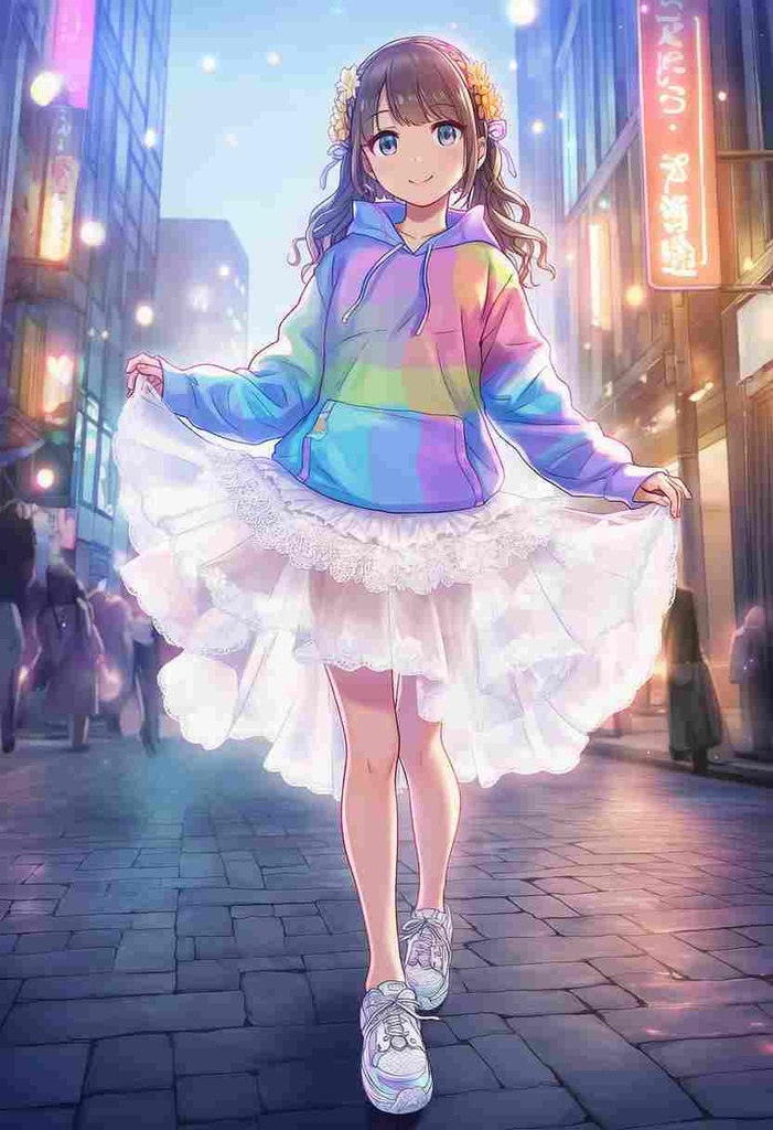 童話調、ファンタジー系 パンクアリス風 × モダン × 美少女アニメフェアリーテイル風パーカー × 虹色パステル × エレガントなチュールスカート