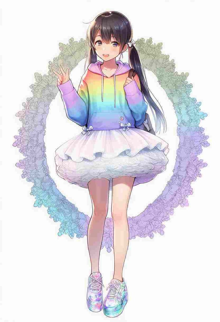 童話調、ファンタジー系 パンクアリス風 × モダン × 美少女アニメフェアリーテイル風パーカー × 虹色パステル × エレガントなチュールスカート