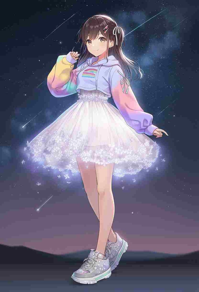 童話調、ファンタジー系 パンクアリス風 × モダン × 美少女アニメフェアリーテイル風パーカー × 虹色パステル × エレガントなチュールスカート