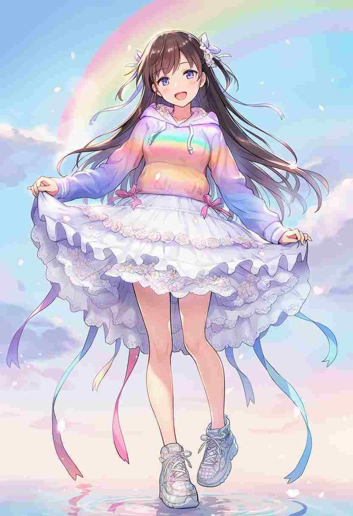 童話調、ファンタジー系 パンクアリス風 × モダン × 美少女アニメフェアリーテイル風パーカー × 虹色パステル × エレガントなチュールスカート