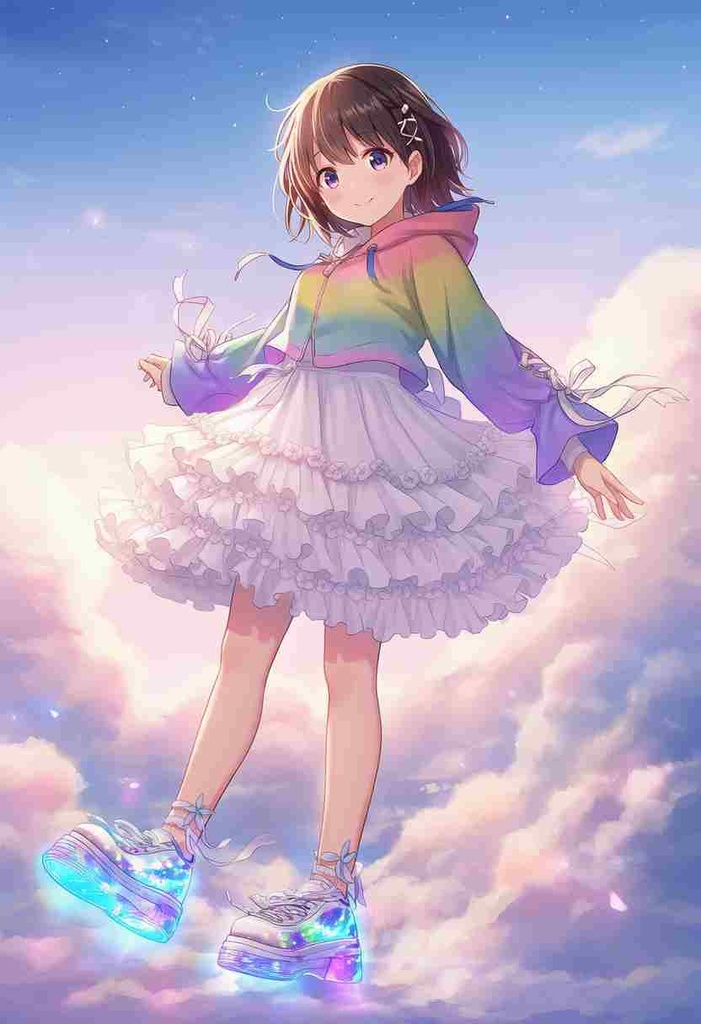 童話調、ファンタジー系 パンクアリス風 × モダン × 美少女アニメフェアリーテイル風パーカー × 虹色パステル × エレガントなチュールスカート